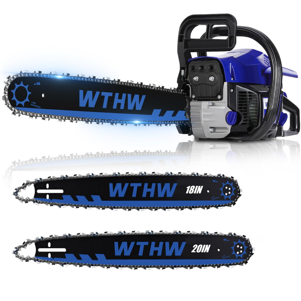 WTHW 58cc chainsaw blue body designed for reliable outdoor cutting.