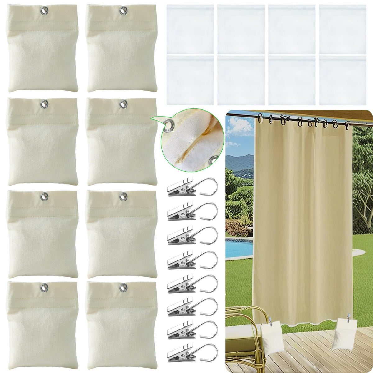 WUBOECE outdoor curtain weights eight-pack securing patio drapes against wind