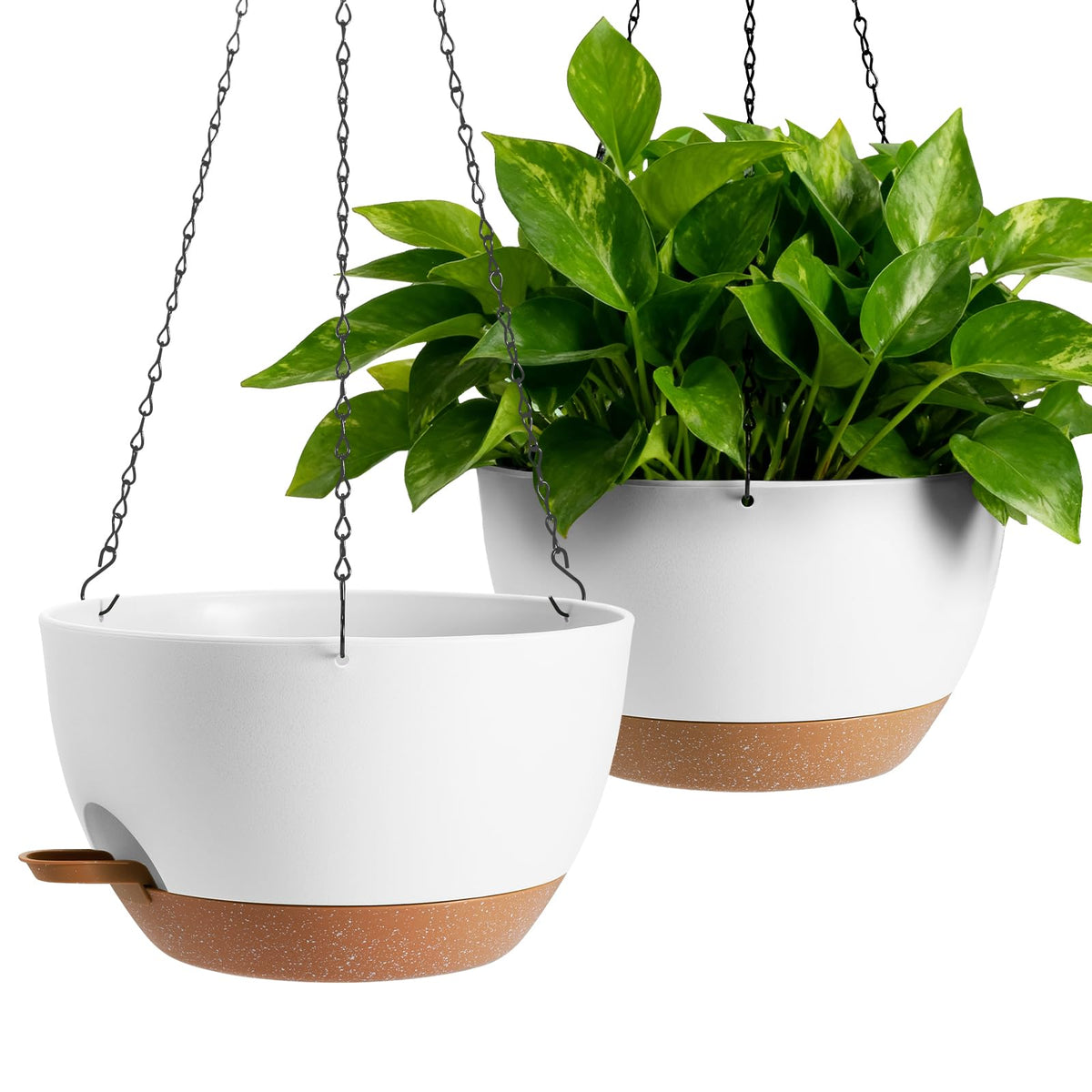 WUCEIAUU 13-inch hanging planter set displayed for indoor and outdoor use with lush greenery.