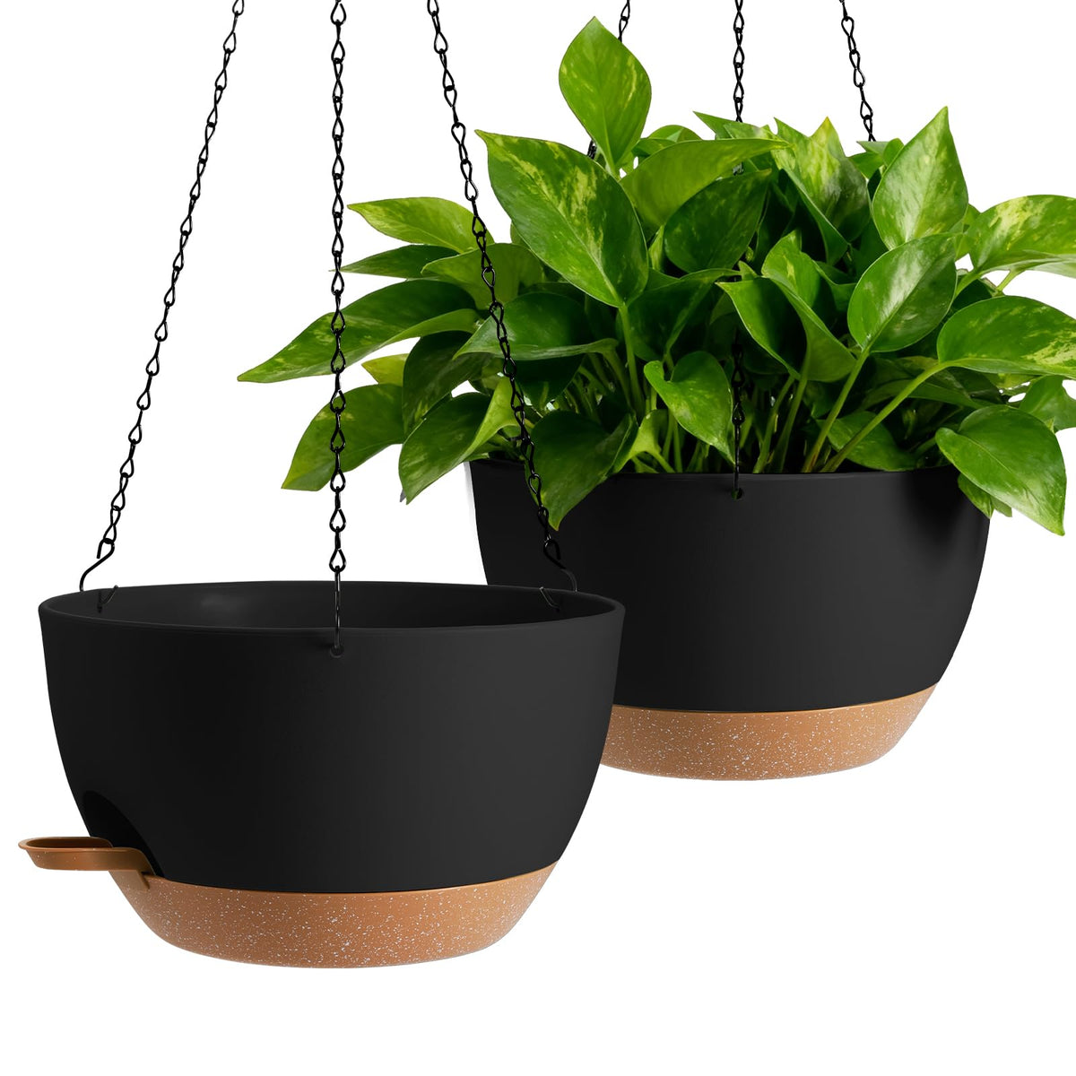 WUCEIAUU self-watering hanging planter 2-pack keeps plants hydrated with a built-in reservoir.