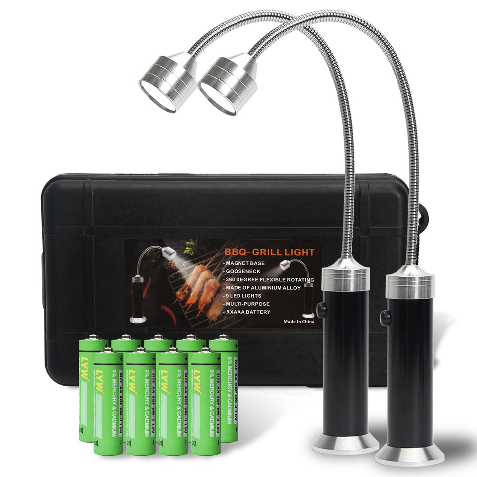 Wulakeo grill light with magnetic base attached to a grill, brightening the cooking area.
