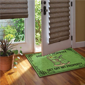 Wulidrom Hippity Hoppity doormat by bathroom door, wrinkle-resistant and quick-drying.