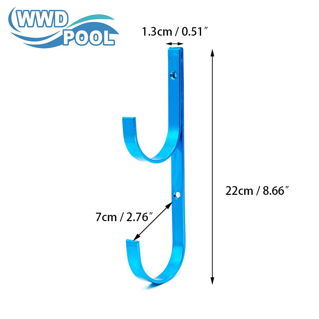 Close-up of WWD POOL blue aluminum pole hanger bracket details