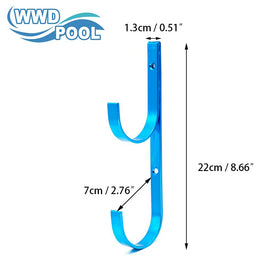 Close-up of WWD POOL blue aluminum pole hanger bracket details
