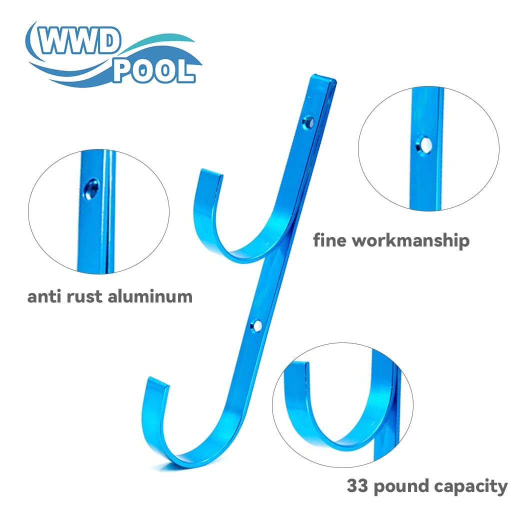 WWD POOL blue hanger mounted on a fence organizing pool gear