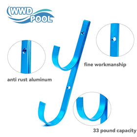 WWD POOL blue hanger mounted on a fence organizing pool gear