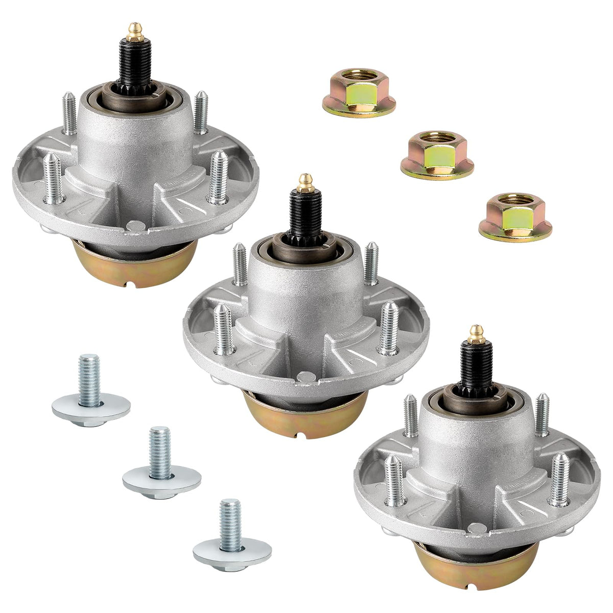 Wyevee AM144377 spindle assembly, front view, pre-greased for longevity.