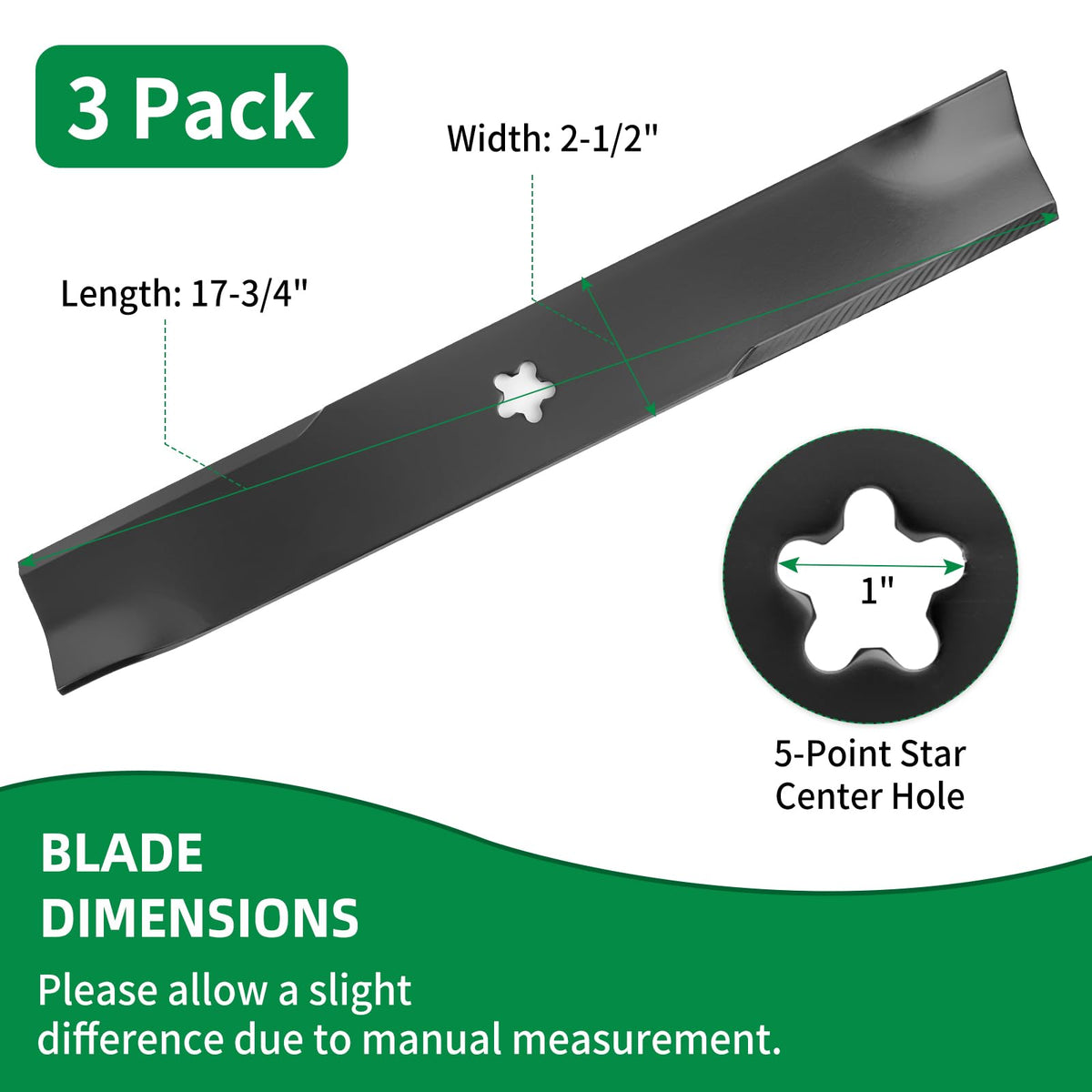 Wyevee blade pack shows three blades for extended mowing sessions.