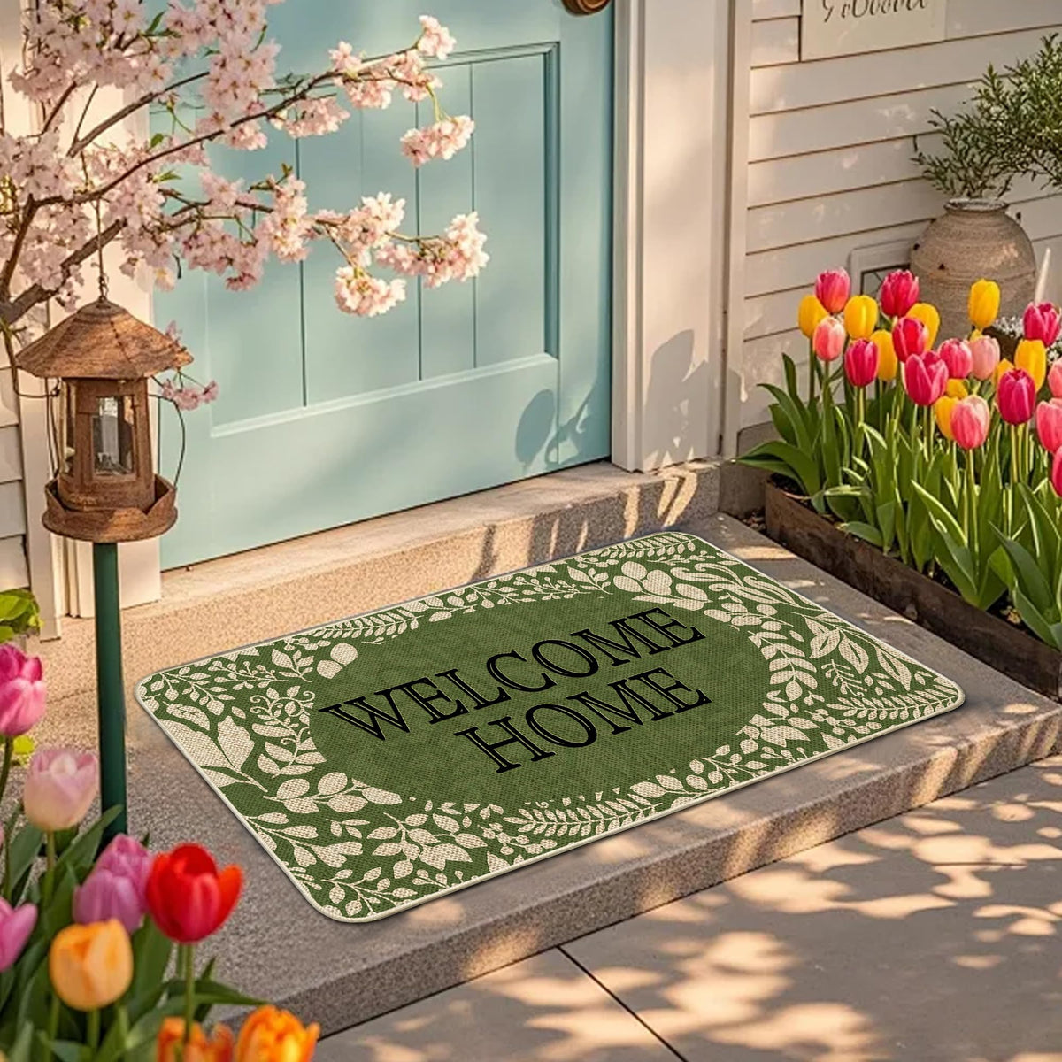Wylumen spring floral mat is easy to clean with a hose.