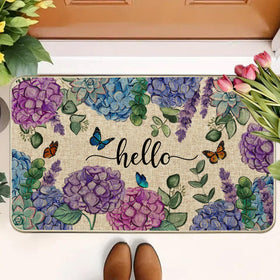 Wylumen spring floral doormat closeup shows detailed hydrangea petals for a fresh look.