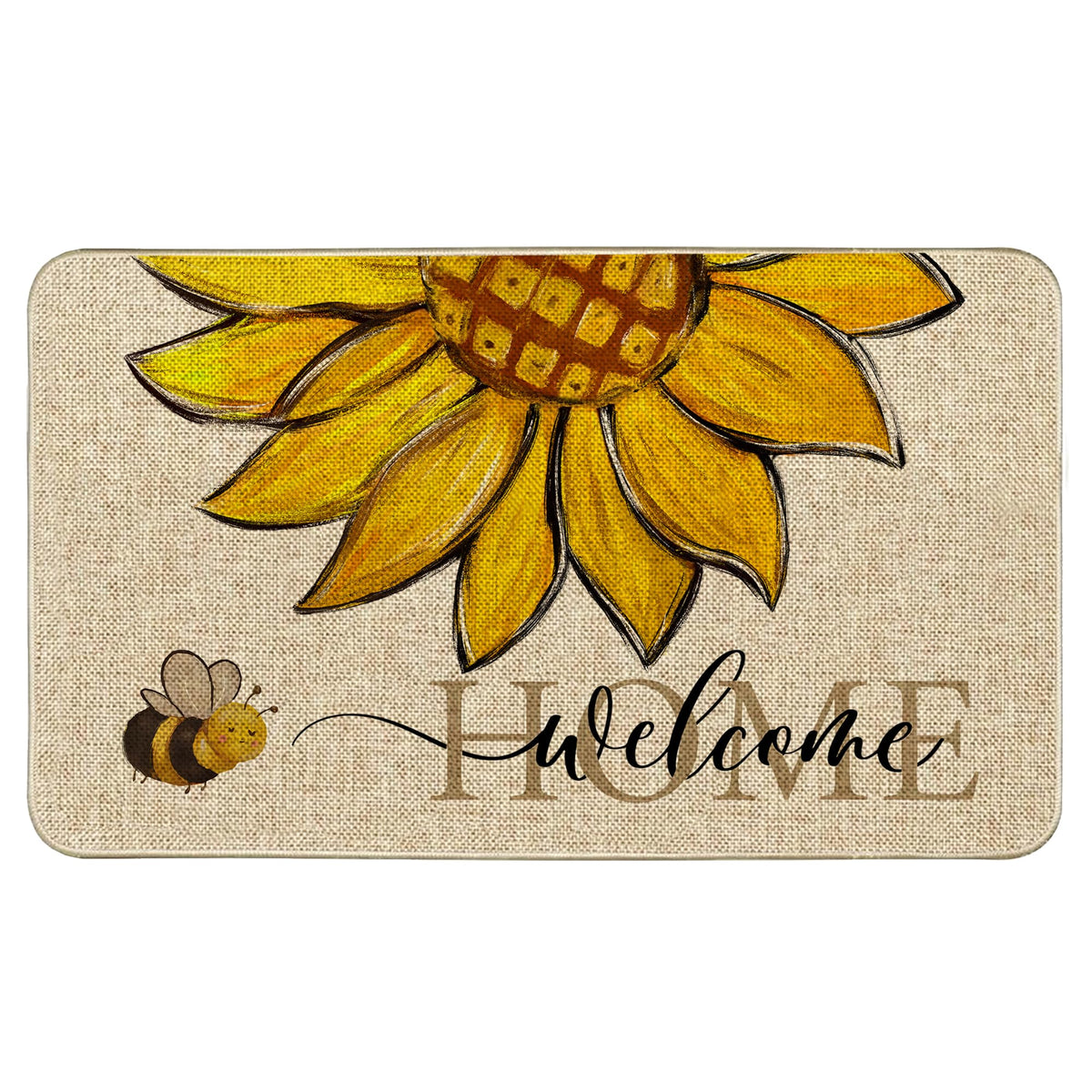 Wylumen Sunflower Welcome Doormat with burlap surface ideal for scraping dirt at entryways.