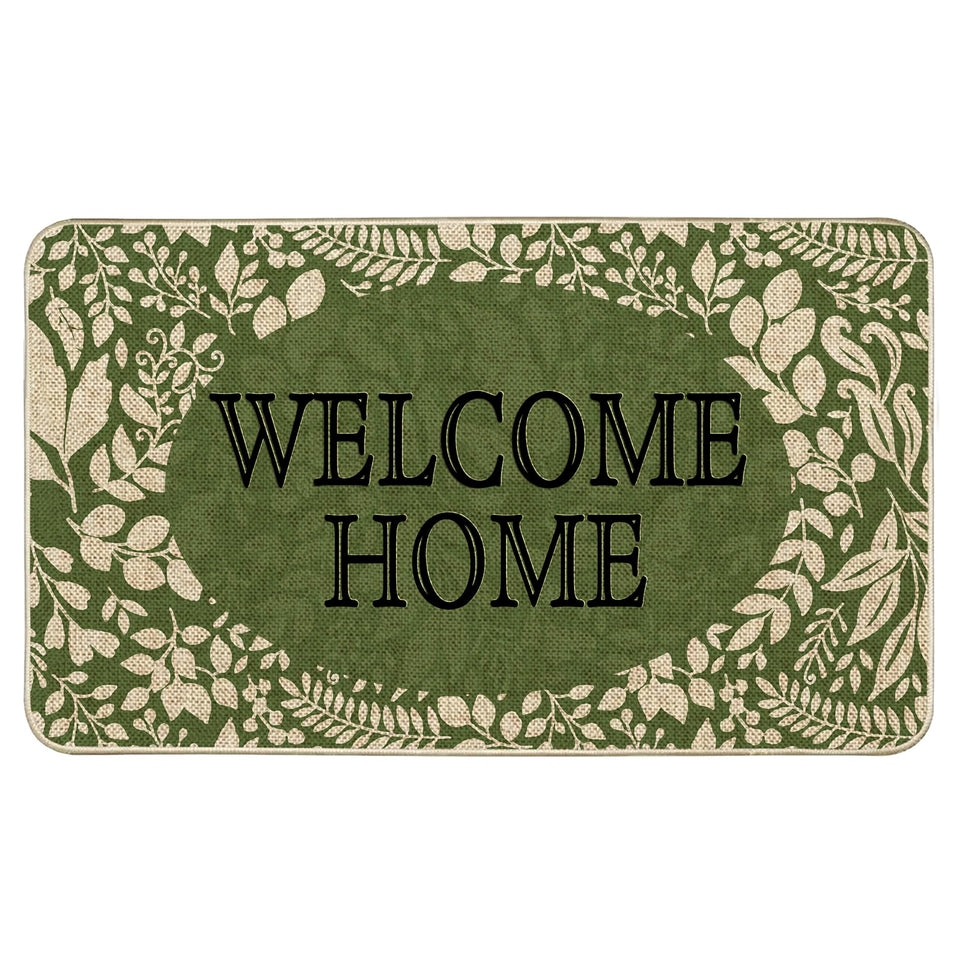 Wylumen Welcome Spring door mat with green leaves greets guests with seasonal charm.
