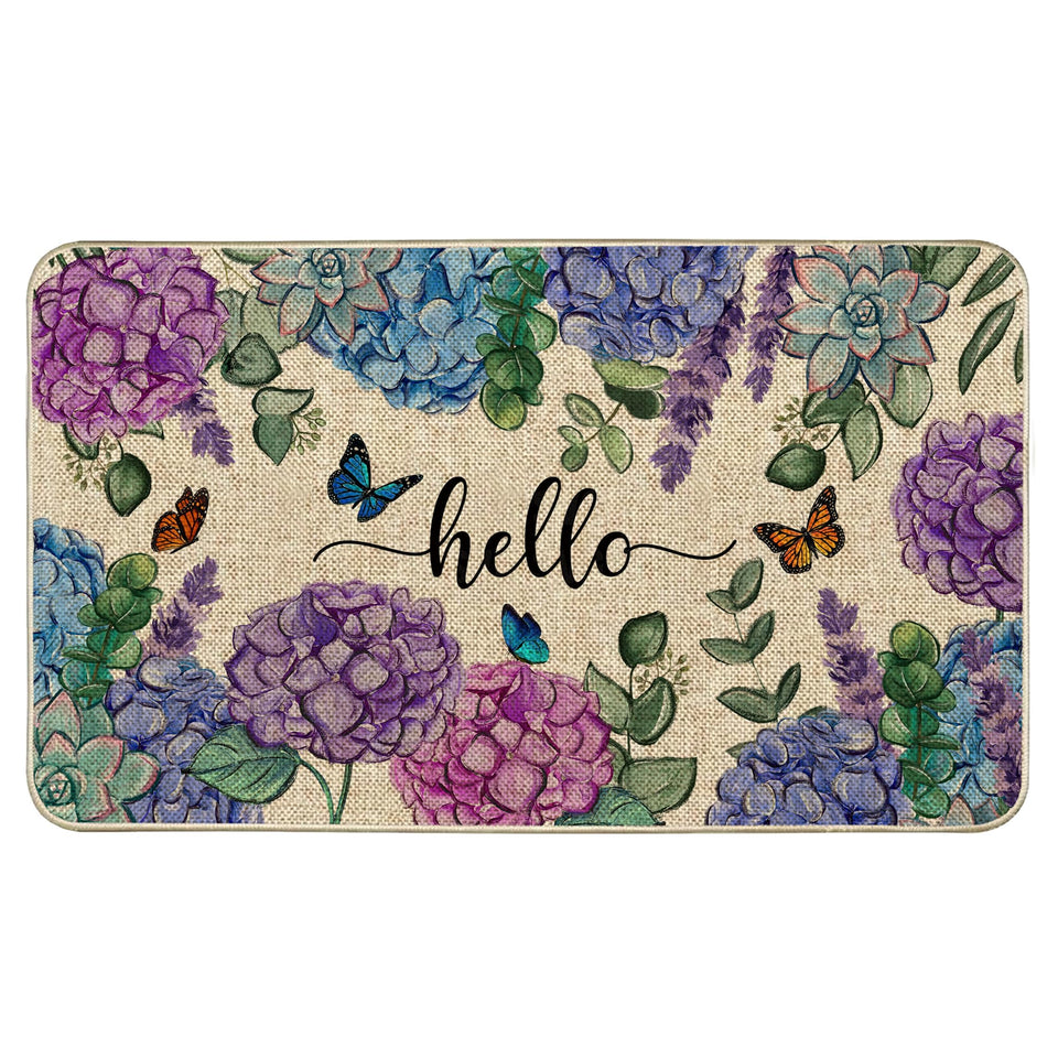 Wylumen Welcome Spring hydrangea door mat adds vibrant curb appeal for entryways.