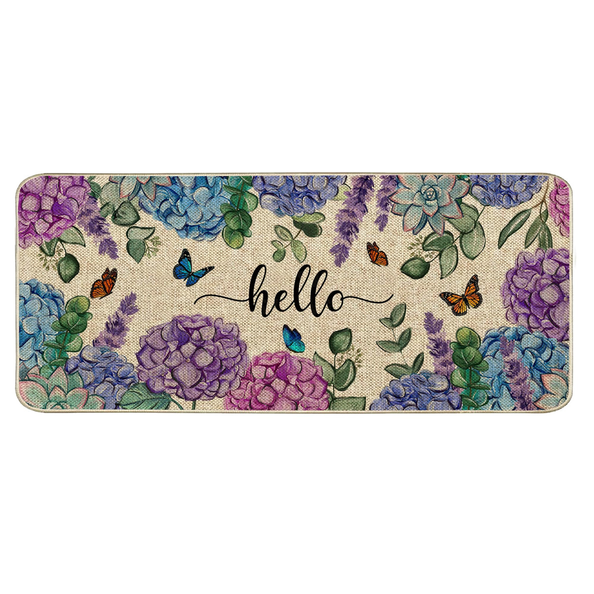 Wylumen Welcome Spring hydrangea doormat with non-slip grip for safety.