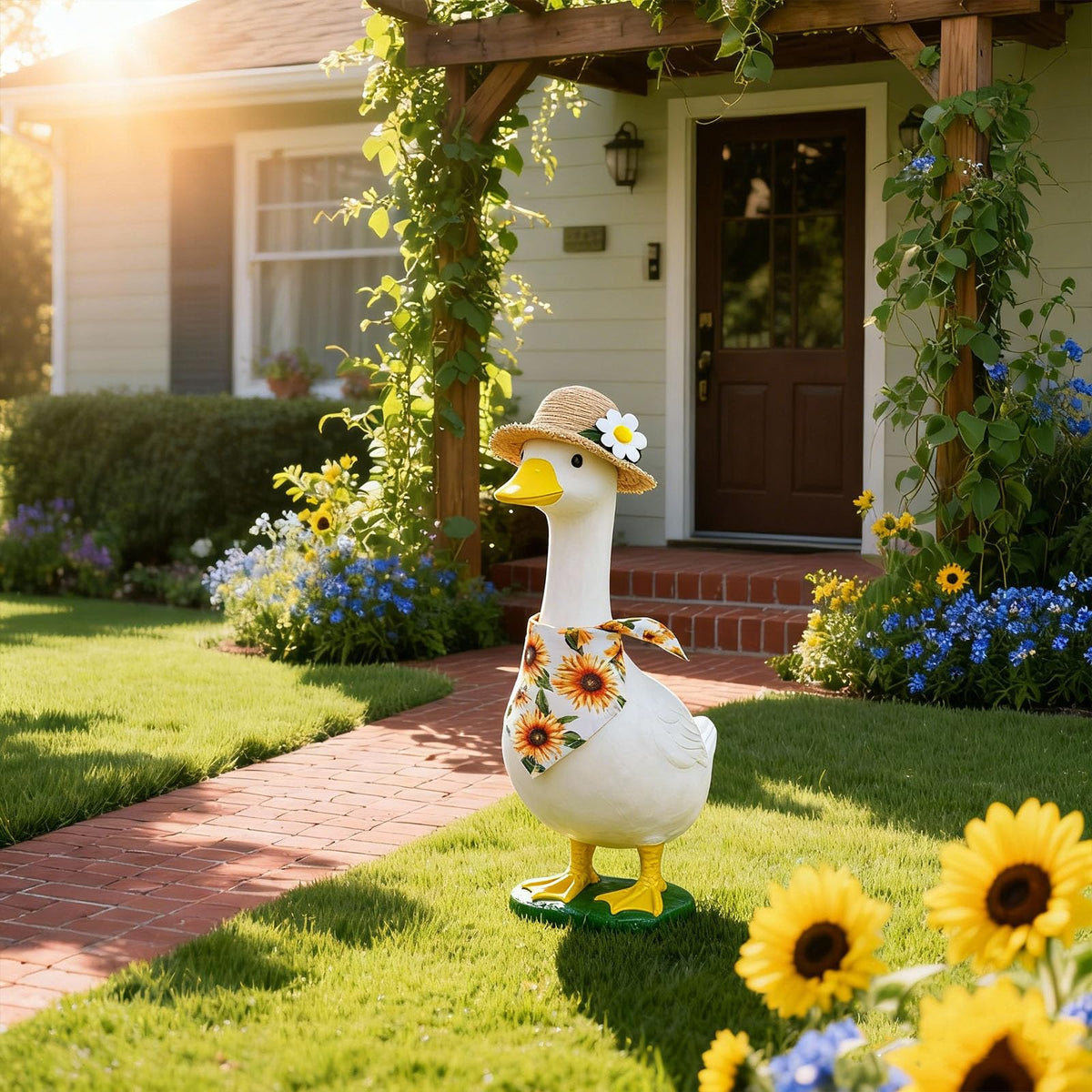 WYUA sunflower-goose on patio display adding year-round garden charm