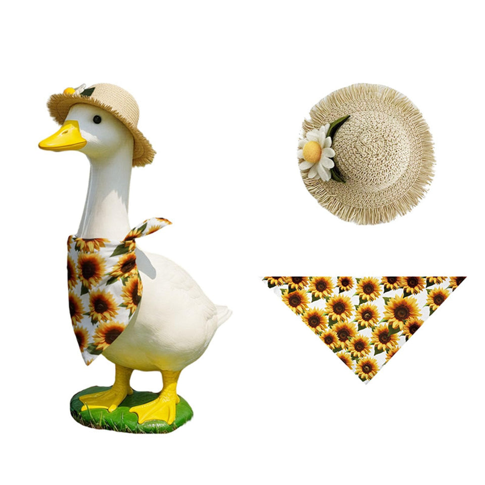 WYUA sunflower porch goose outfit bonnet on a 23-inch goose for bright outdoor display