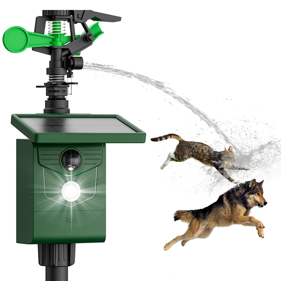 X-octenol solar sprinkler deters deer with motion-triggered spray and strobe.