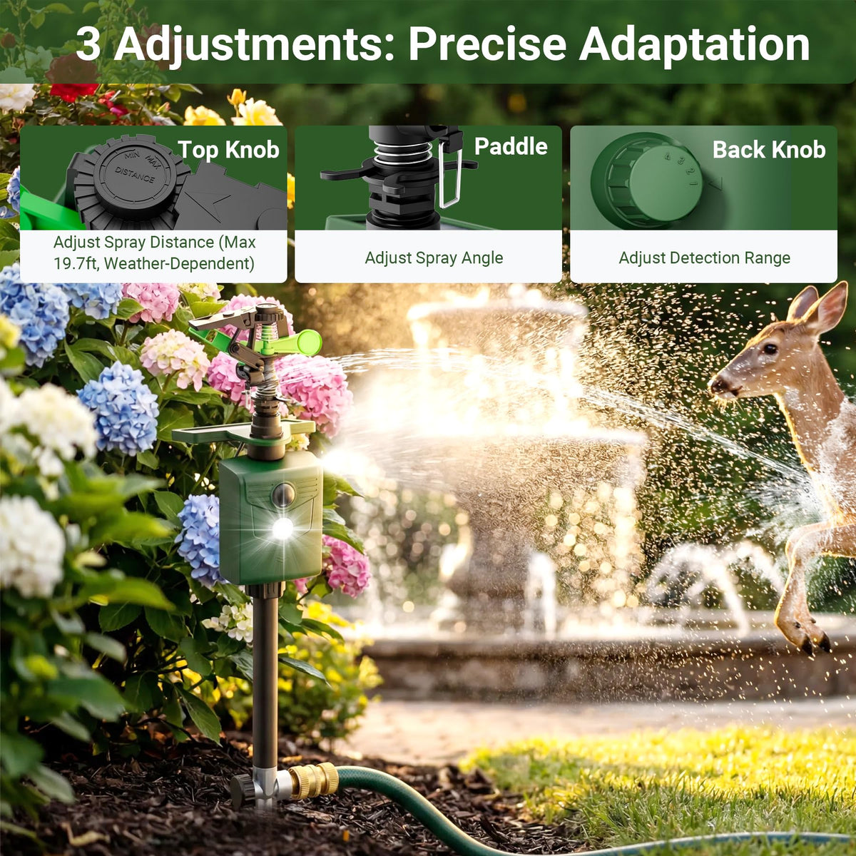X-octenol sprinkler reaches 26 ft to deter wildlife from plots.
