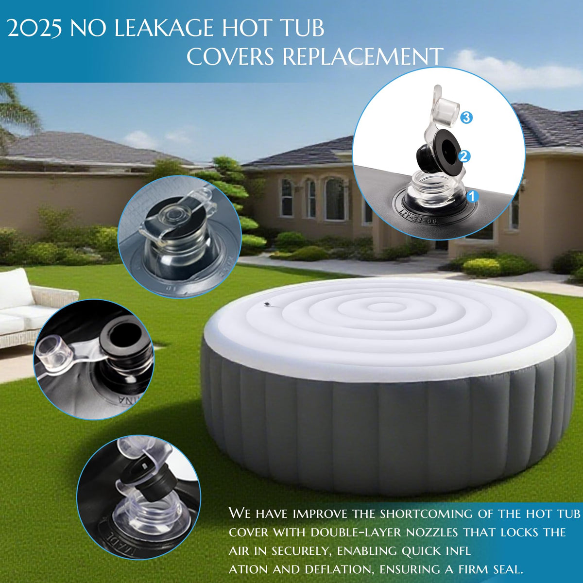 Xajerter round hot tub cover fitted on Saluspa models, demonstrating compatibility