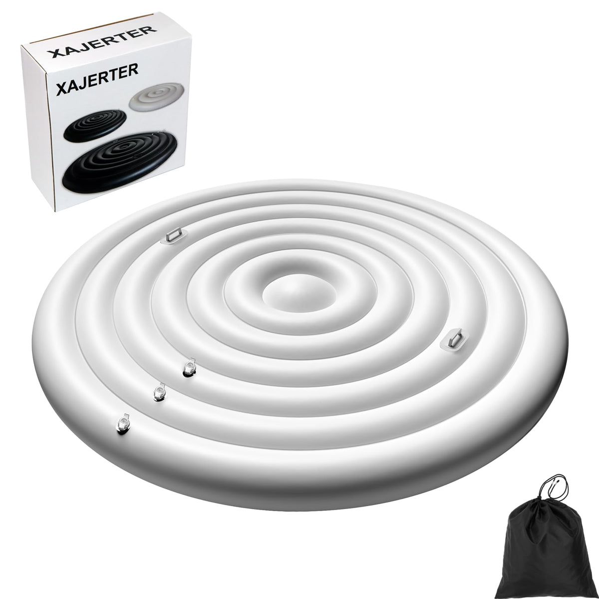 Xajerter round inflatable hot tub cover inflated on a spa, showcasing heat retention