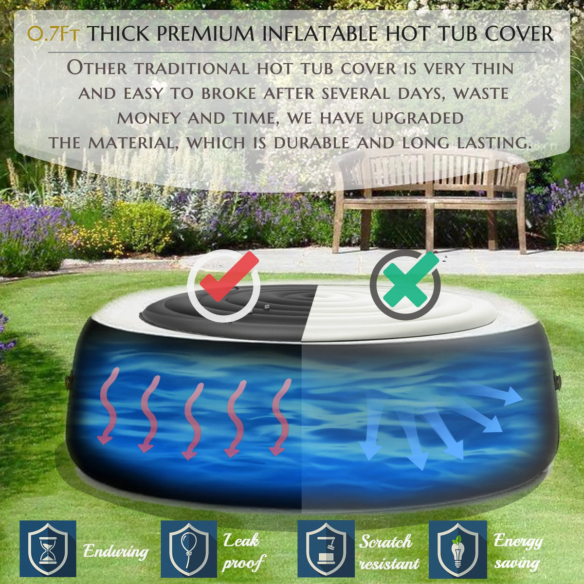 Xajerter thermal-insulated round hot tub cover, 0.7 ft thick, keeps water warm.
