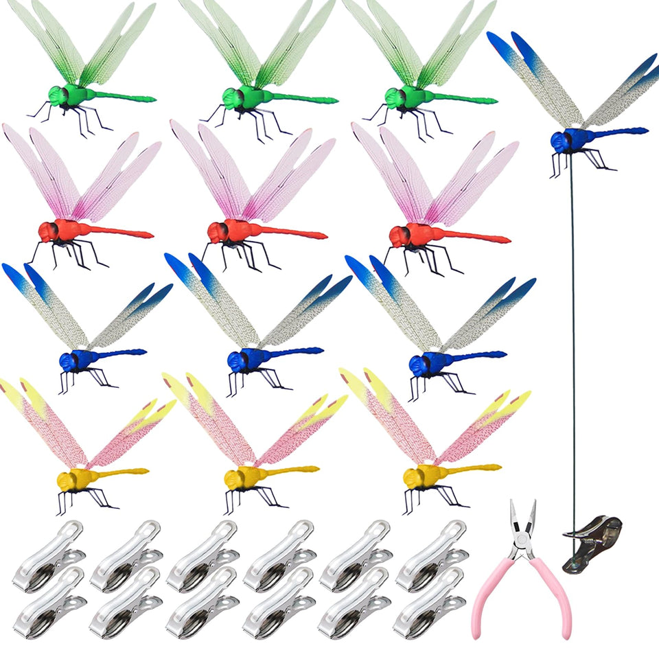 Xandova 12Pcs Dragonfly Clip multicolor set adds lively color to garden decor.