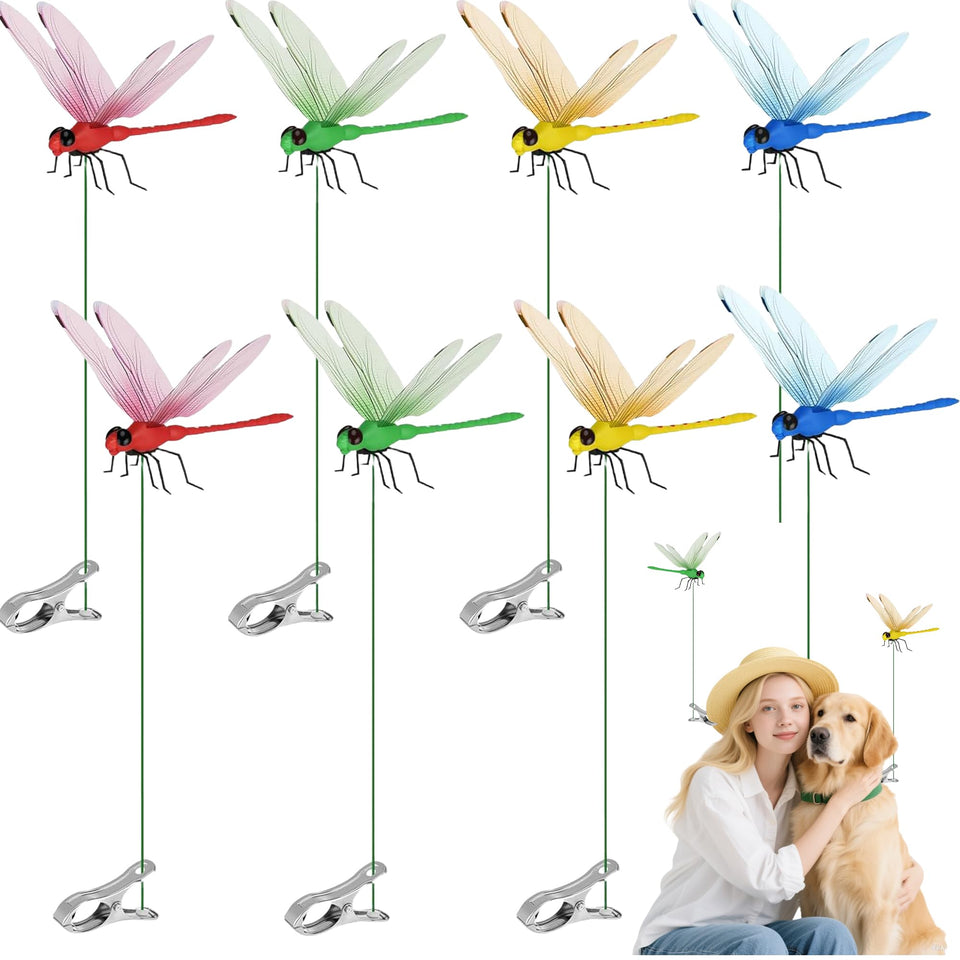 Xandova dragonfly clip set shows eight colorful 3D dragonflies for indoor and outdoor display.