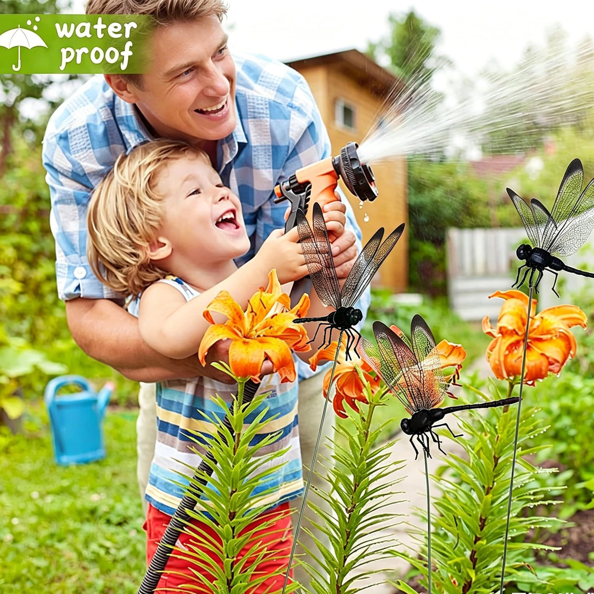 Xandova dragonfly clip perched on plant pot for garden setup