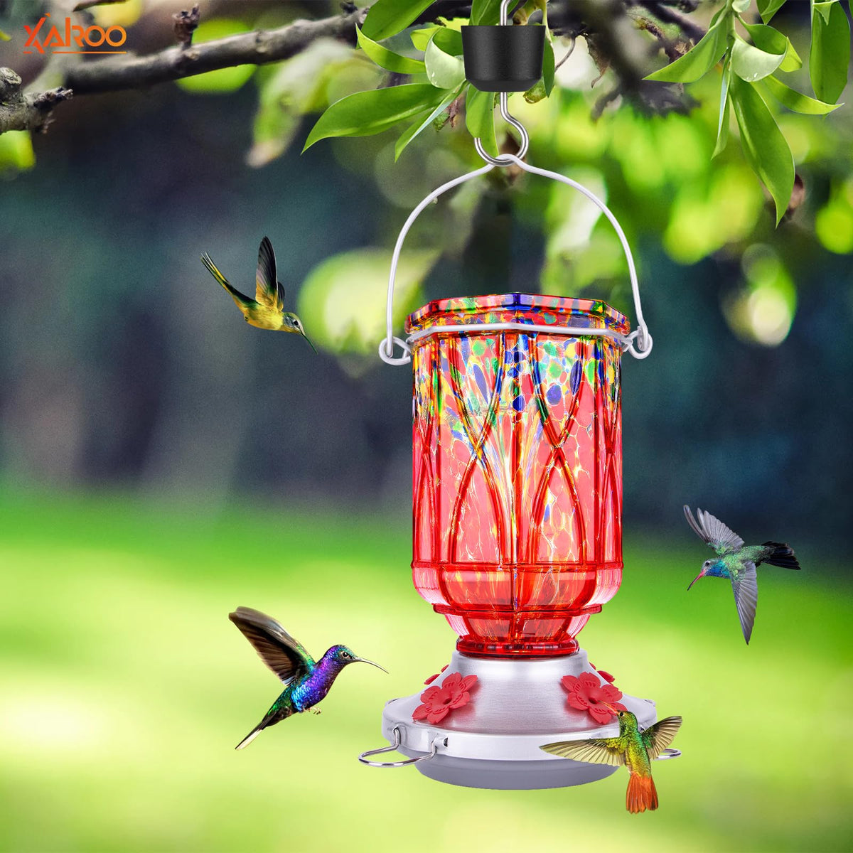 XAROO hummingbird feeder with ant moat deters nectar intruders