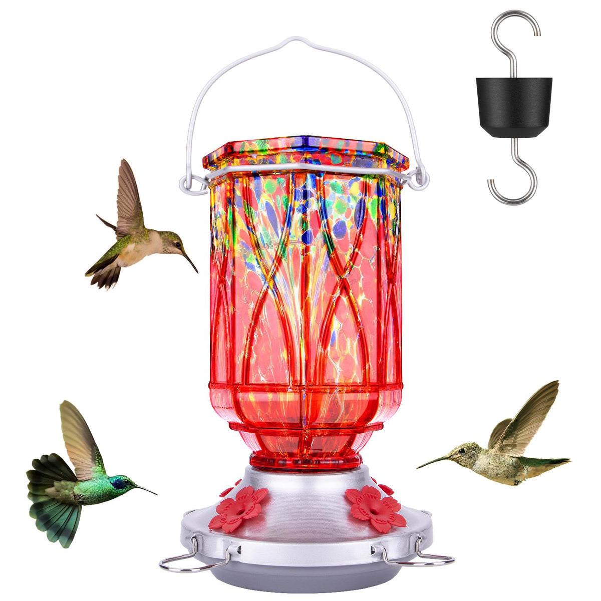 XAROO hand-blown glass hummingbird feeder with red glass and four ports attracting garden visitors