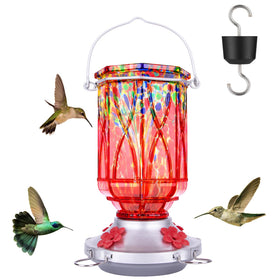 XAROO hand-blown glass hummingbird feeder with red glass and four ports attracting garden visitors