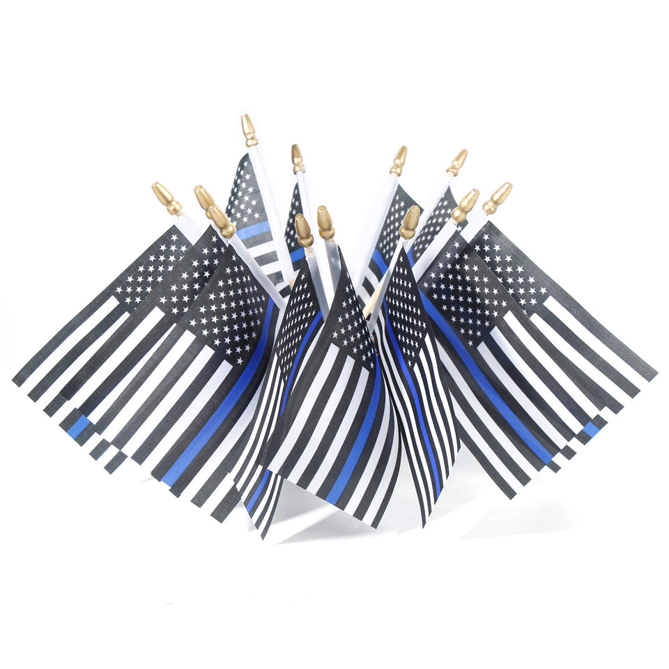 XCFH Thin Blue Line flag on a 4x6 panel with a wooden 10-inch stick, ideal for ceremonies.