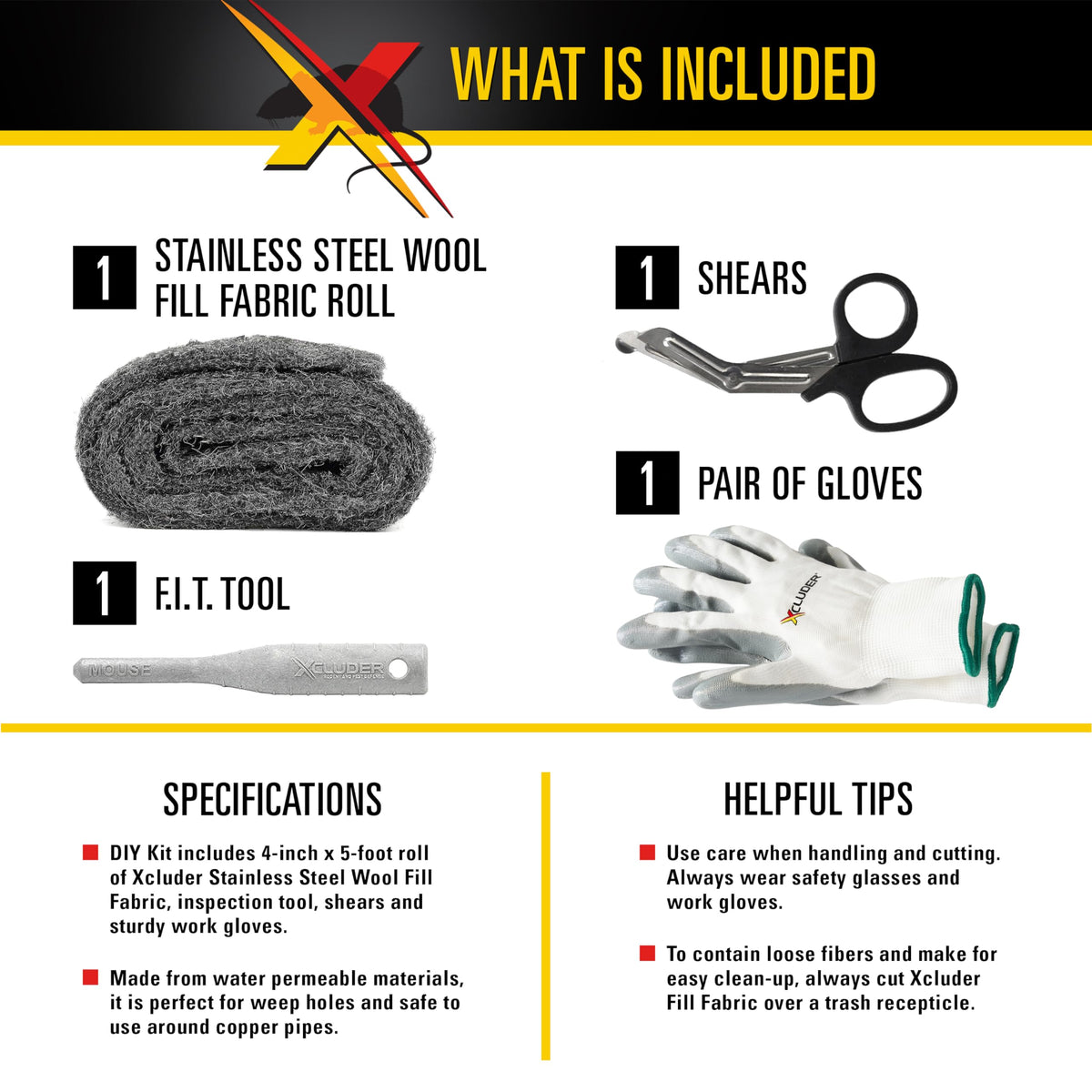 Xcluder stainless steel wool shears cutting fabric for tight spaces.