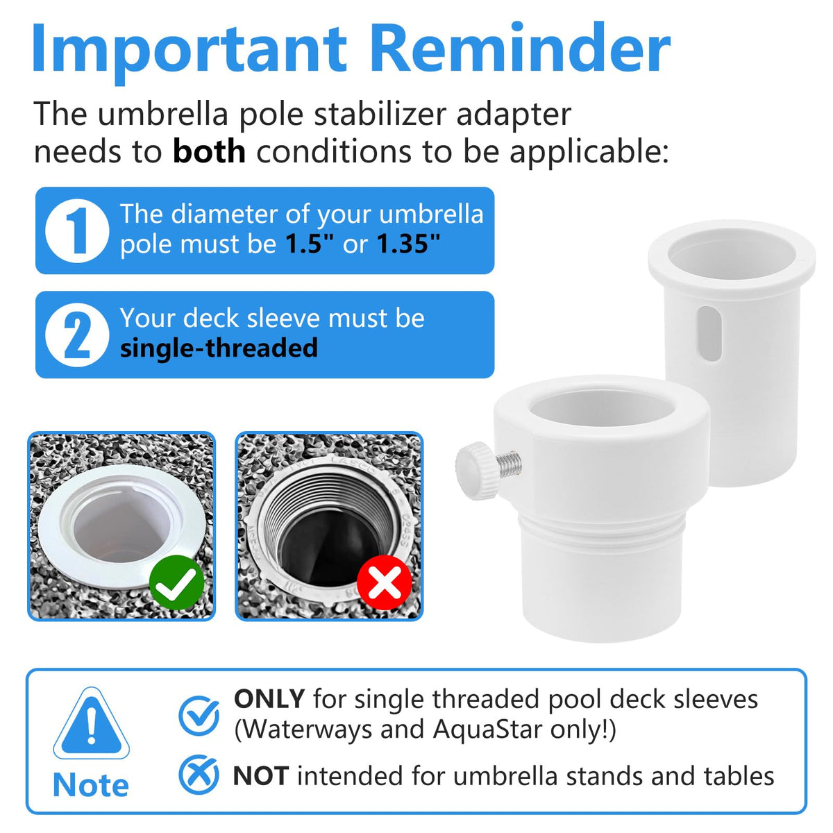 XCWT adapter fits 1.5-inch and 1.35-inch poles in deck sleeves.