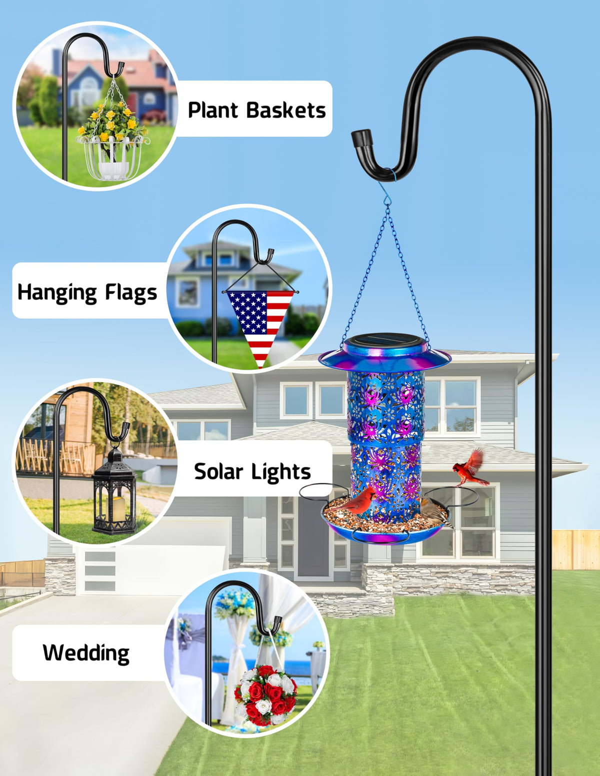 XDW-GIFTS plant basket hanger stand provides sturdy outdoor display for potted plants.
