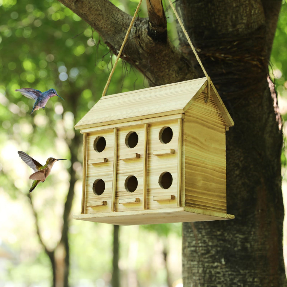 XDYGHH Bird House with 12 holes supports multiple small songbirds outdoors.