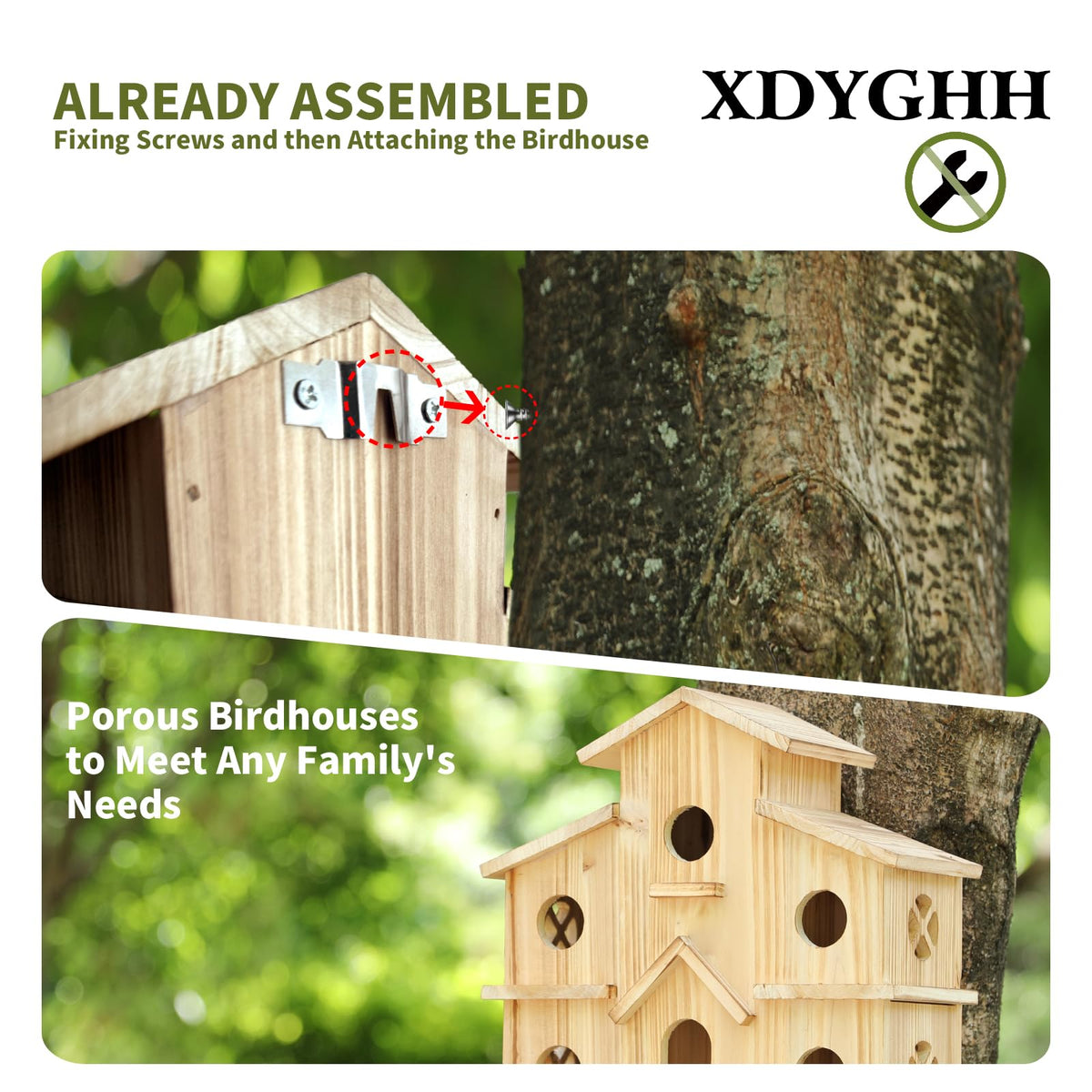 XDYGHH birdhouse hanging on tree for easy garden installation.