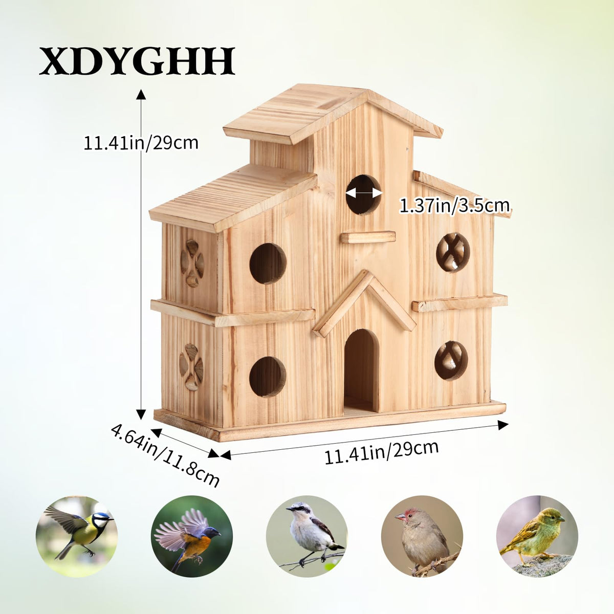 XDYGHH wooden birdhouse six holes close-up of entry openings.