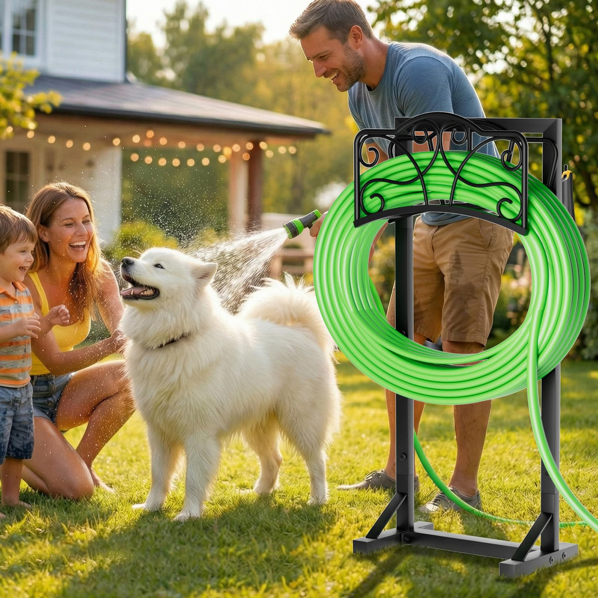 Xeapoms hose holder supports up to 160 ft of hose, keeping long lines organized.