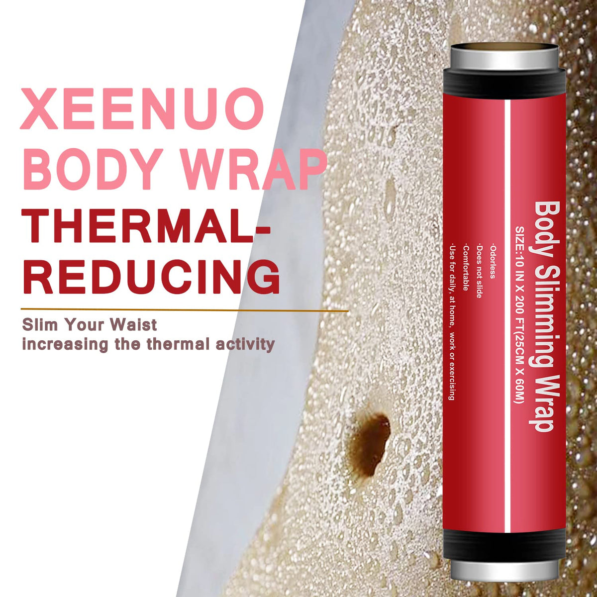 XEENUO body wrap on midriff demonstrates secure adhesion and uniform coverage.