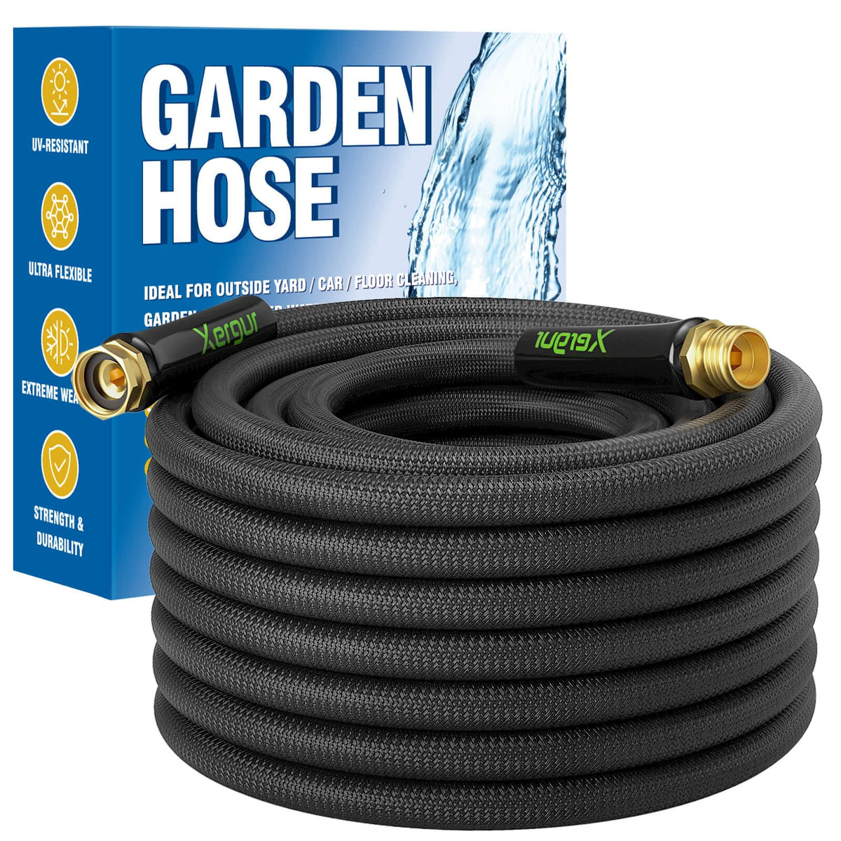 Xergur flexible garden hose extended view, lightweight design for easy outdoor use.