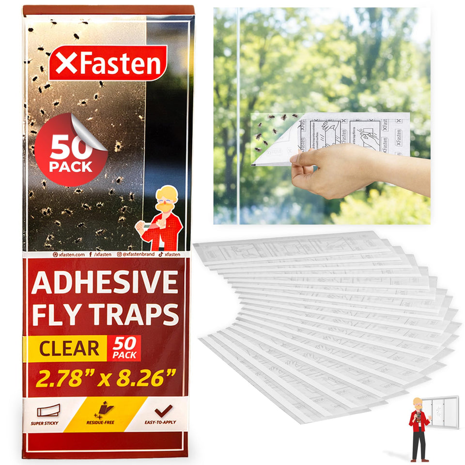 XFasten Window Fly Traps sticky clear 50-pack catches fruit flies on windows.