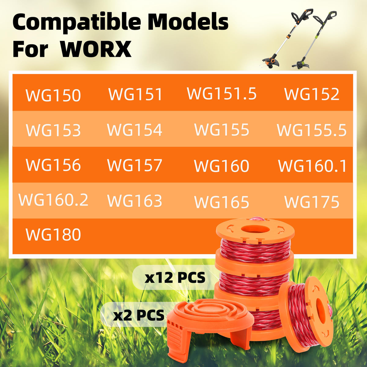 Abrasion-resistant nylon polyamide line for longer life on Worx trimmers.