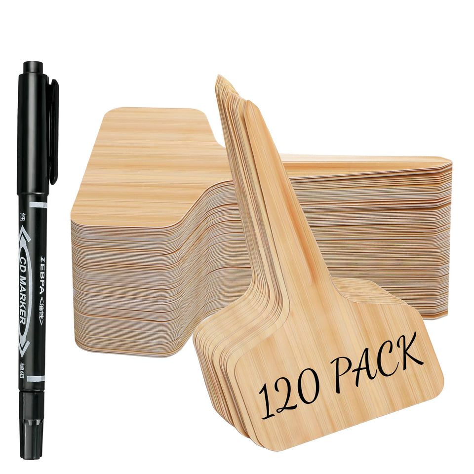 Xgunion plant labels with wood-like appearance for a cohesive garden look.