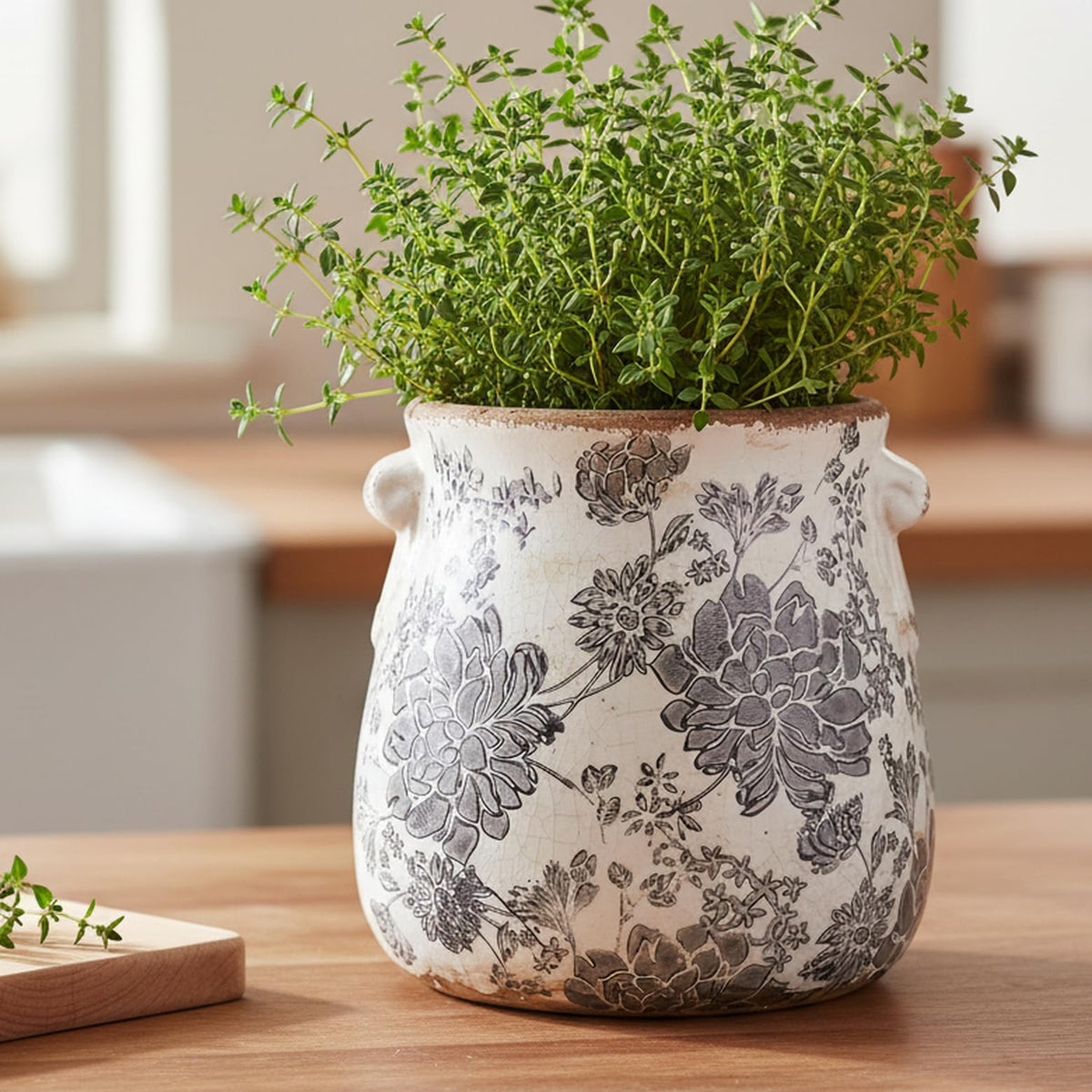 Xiaan Jiaju Tuscan planter front view enhances shelves and tabletops with vintage flair