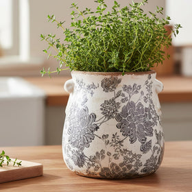 Xiaan Jiaju Tuscan planter front view enhances shelves and tabletops with vintage flair