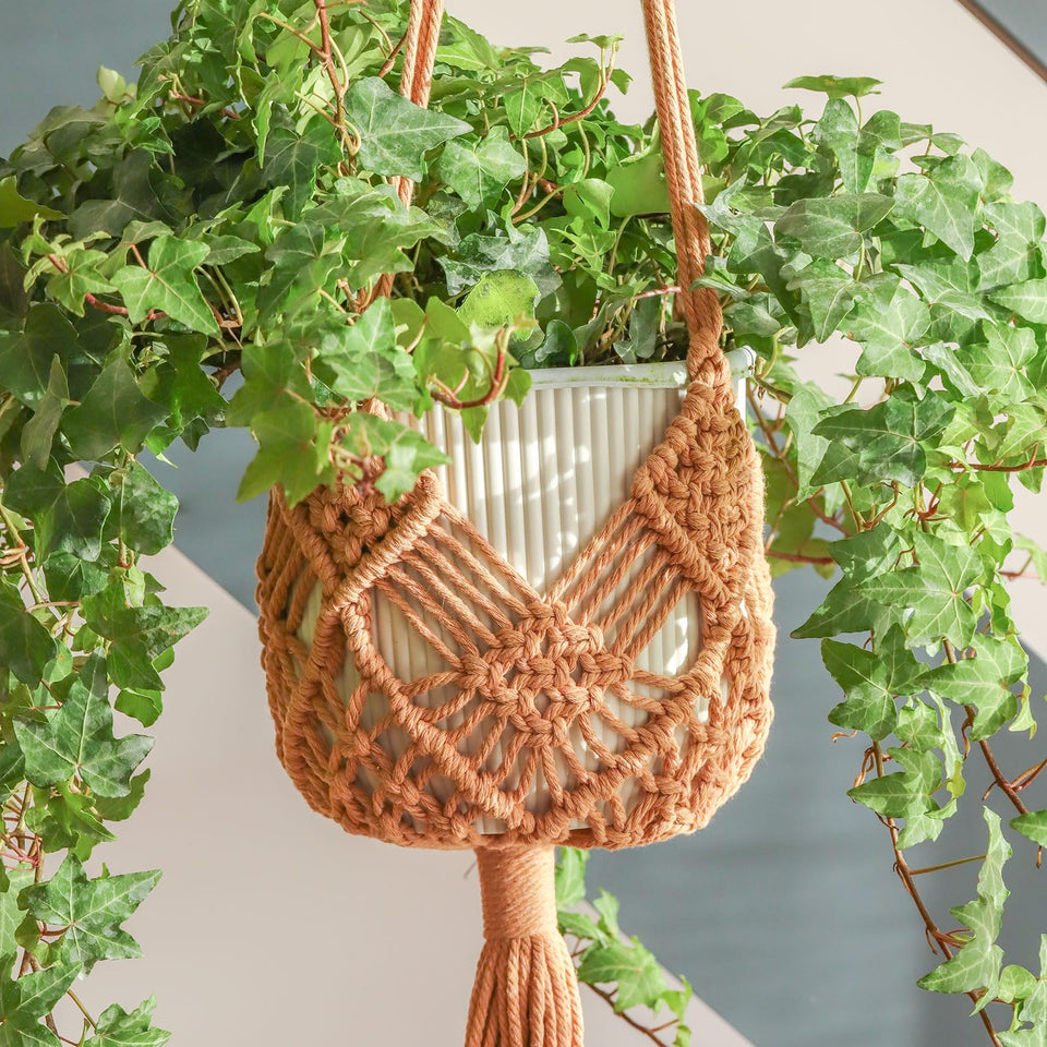 XINBOR Hanging Planter Patterns: two-pack macrame hangers for stylish indoor display and space saving.