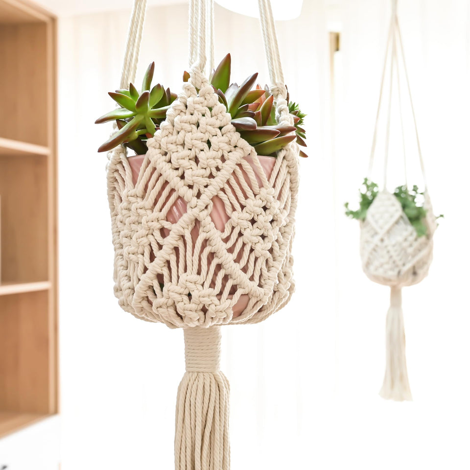 XINBOR hanging planter patterns ensemble shown in a bright living room for elegant vertical gardening.