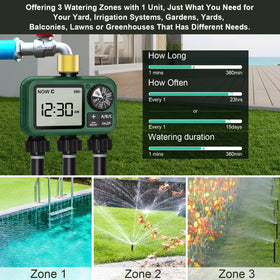 XinFuture three-zone control powers independent irrigation for different garden areas.