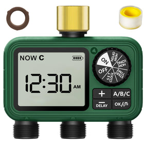 XinFuture Water Timer on an outdoor hose setup enables precise scheduling.